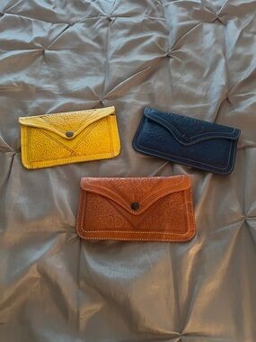 Embossed Leather Envelope Wallet Clutch - Yellow, Navy, Brown